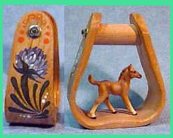 (image for) Pair Hand Painted Oak Pony Stirrups & Horse Foal